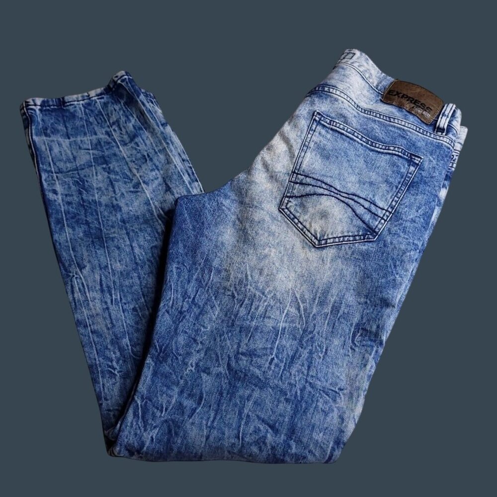 Express Mens Alec Super Skinny Fit Jeans 32 Distressed Stonewashed Moto Stretch